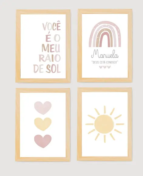 Quadros Infantil Raio de Sol Corações Rosê e Arco Íris A4