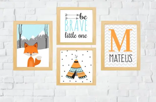 Quadros Infantil Raposa Cabana Nome e Be Brave