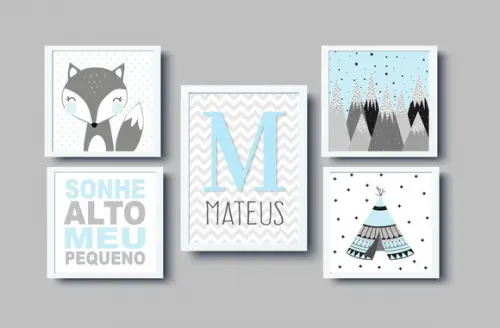 Quadros Infantil Raposa Cabana Nome e Montanhas