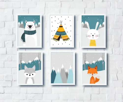 Quadros Infantil Raposa Montanhas Coelha Urso e Guaxinim