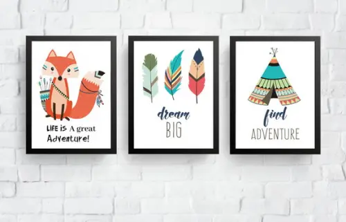 Quadros Infantil Raposa Penas e Cabana Tribal A4
