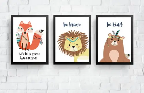 Quadros Infantil Raposa Urso e Leão Tribal A4