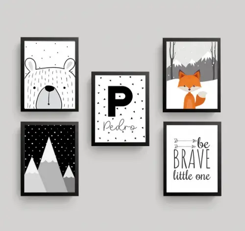 Quadros Infantil Raposa Urso Be Brave e Montanhas A4