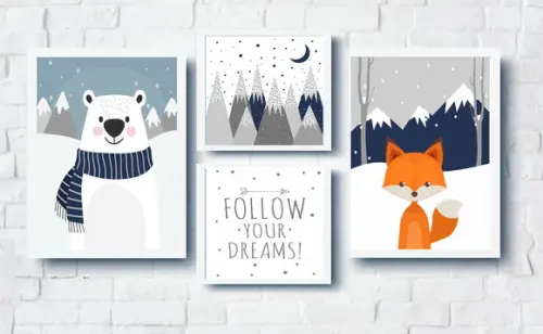 Quadros Infantil Raposa Urso e Montanhas Escandinavas