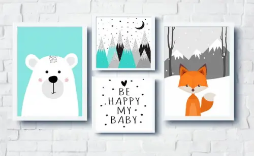 Quadros Infantil Raposa Urso e Montanhas Escandinavas