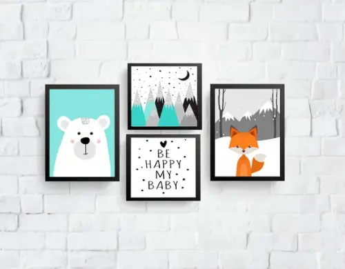 Quadros Infantil Raposa Urso e Montanhas Escandinavas