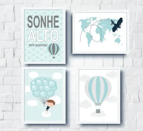 Quadros Infantil Sonhe Alto Balão Avião e Mapa Mundi