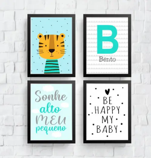 Quadros Infantil Tigre Be Happy Nome Personalizado A4