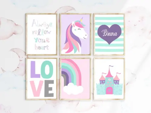 Quadros Infantil Unicórnio Love Nome Arco Íris A4