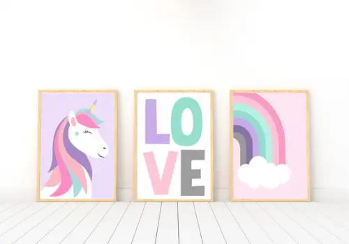 Quadros Infantil Unicórnio Love e Arco Íris A4