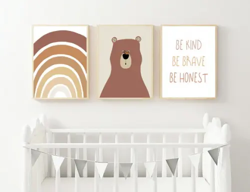 Quadros Infantil Urso c Borboleta Arco Íris e Be Brave A3