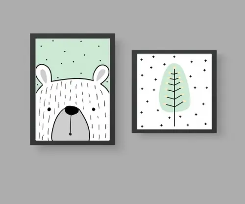 Quadros Infantil Urso Escandinavo e Árvore