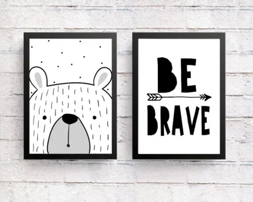 Quadros Infantil Urso Escandinavo e Be Brave A4