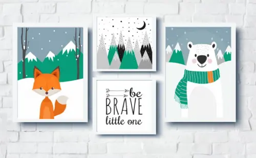 Quadros Infantil Urso Polar Montanhas e Raposa