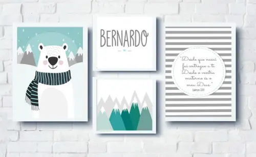 Quadros Infantil Urso Polar Montanhas e Nome Personalizado