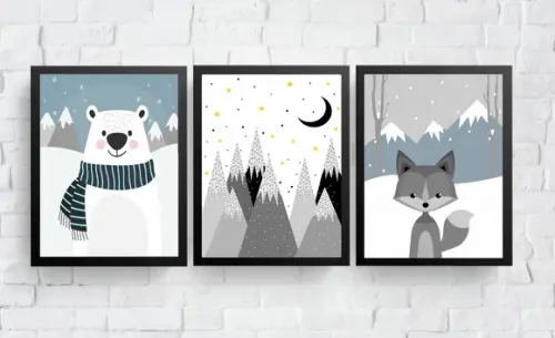 Quadros Infantil Urso Polar Montanhas e Raposa A4