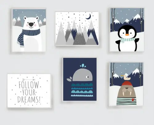Quadros Infantil Urso Polar Pinguim Baleia e Leão Marinho