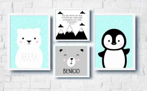 Quadros Infantil Urso Polar Pinguim Montanhas Versículo