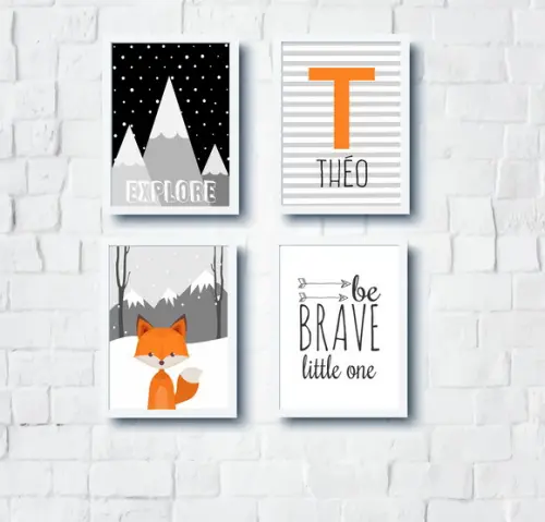 Quadros Infantil Urso Raposa Montanhas Nome A4
