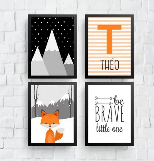 Quadros Infantil Urso Raposa Montanhas Nome A4