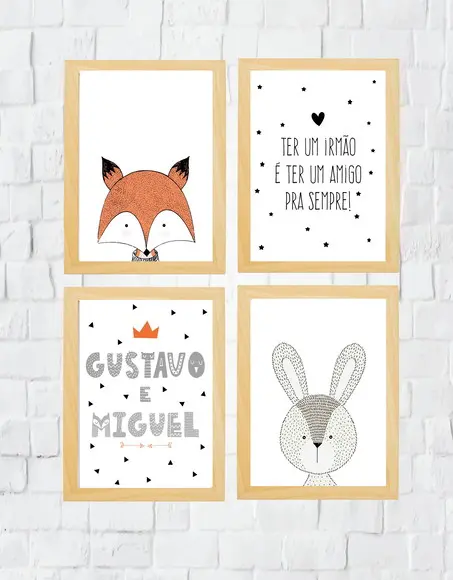Quadros Irmãos-Animais Escandinavos Nomes Raposa e Coelho A4