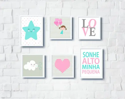 Quadros Menina Nuvem Estrela Balões Love Coração