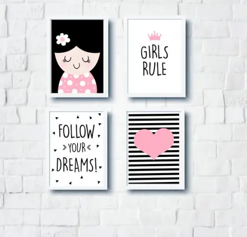 Quadros Menina Escandinava Girls Rule e Follow Your Dreams
