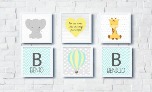 Quadros Meninos Irmãos Coração Girafa Elefante Balão Nomes
