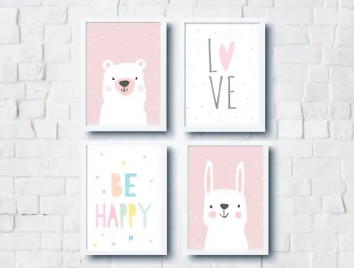 Quadros Quarto Bebê Coelho Love Urso e Be Happy