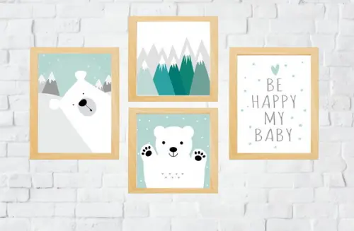 Quadros Quarto Escandi Infantil Ursos Be Happy e Montanhas