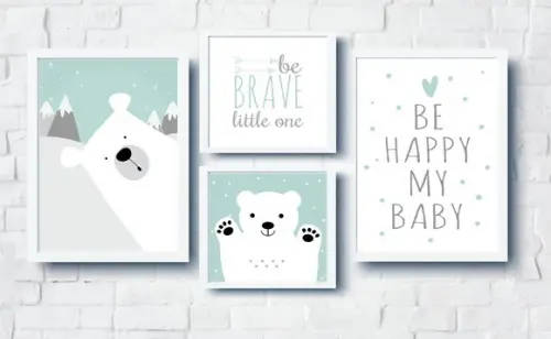 Quadros Quarto Escandinavo Infantil Ursos Be Happy Be Brave