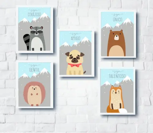 Quadros Quarto Infantil Animais Baby e Montanhas A4