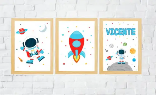 Quadros Quarto Infantil Astronauta Foguete e Nome A4