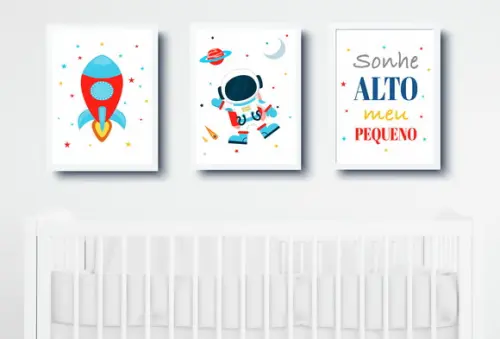 Quadros Quarto Infantil Astronauta Foguete e Sonhe Alto A3