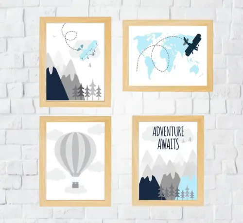 Quadros Quarto Infantil Montanhas Avião Balão e Mapa Mundi