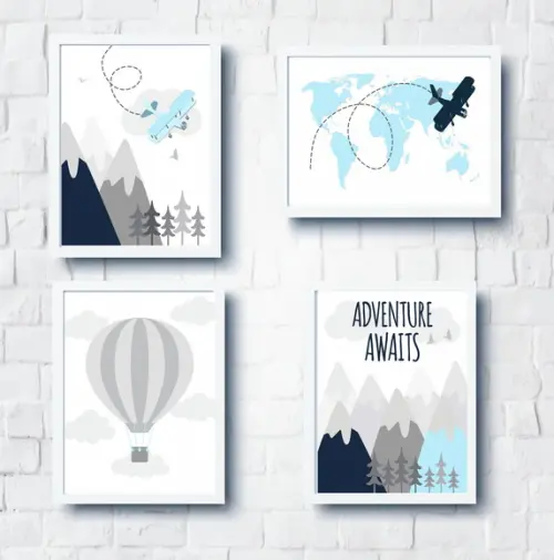 Quadros Quarto Infantil Montanhas Avião Balão e Mapa Mundi
