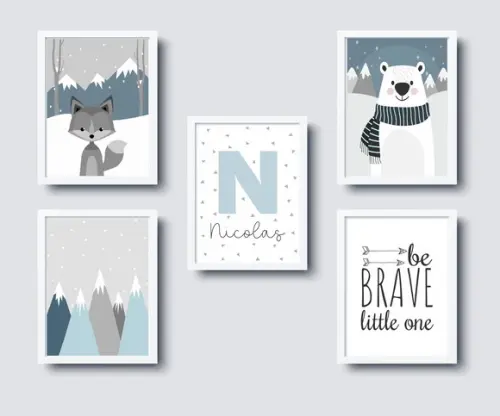 Quadros Quarto Infantil Raposa Montanhas e Urso e Nome