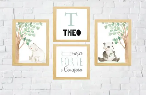 Quadros Quarto Infantil Ursos Panda e Polar Seja Forte