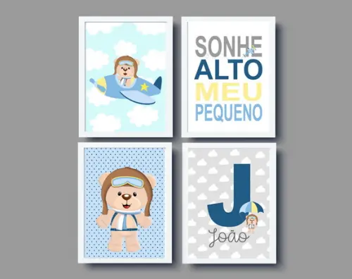 Quadros Ursinho Aviador Nome Personalizado A4