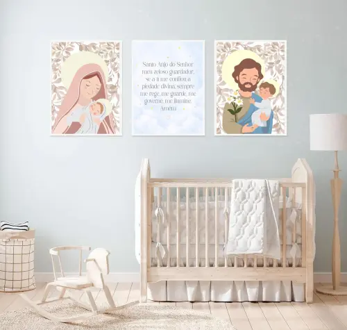 Quadros Decoração Bebê Infantil Nossa Senhora Oração Anjo e São José A3