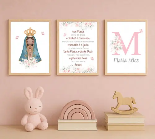 Quadros Decoração Bebê Infantil Nossa Senhora  Ave Maria e Nom