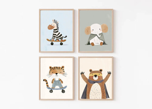 Kit Quadros Infantil Tigre Zebra Urso e Elefante Aquarela A3