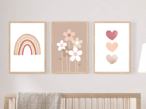 Kit Quadros Infantil Menina Arco Íris Corações e Margaridas A4