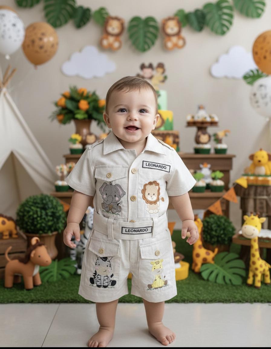 🌿✨ Macacão Safari Personalizado! 🦁🦒🐘🦓