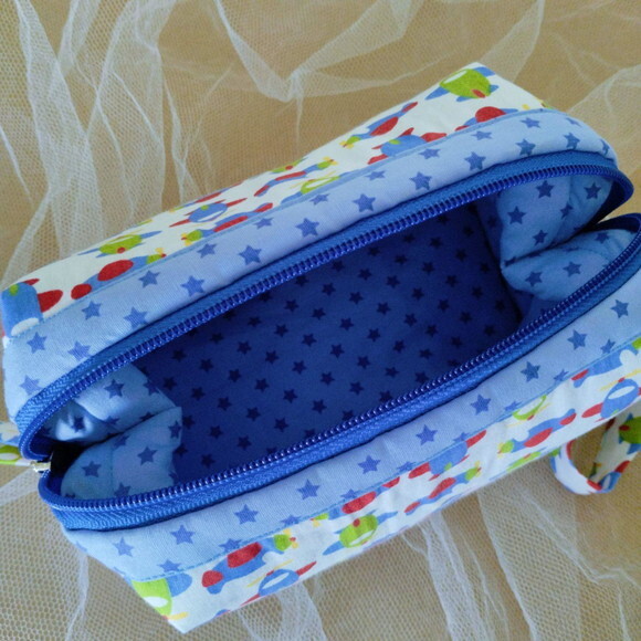 Necessaire Box Cestinha Tecido Avião Azul Verde Estrelinhas