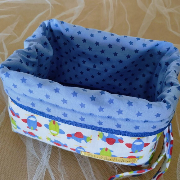 Necessaire Box Cestinha Tecido Avião Azul Verde Estrelinhas