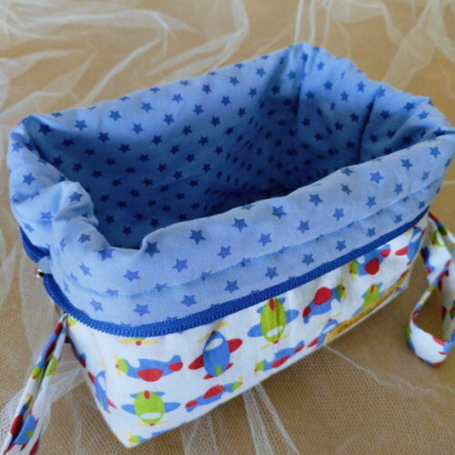 Necessaire Box Cestinha Tecido Avião Azul Verde Estrelinhas