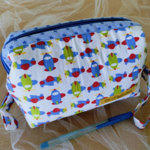 Necessaire Box Cestinha Tecido Avião Azul Verde Estrelinhas