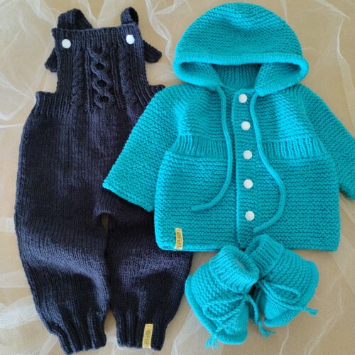 Conjunto bebê tricô feito à mão casaquinho com capuz jardinei