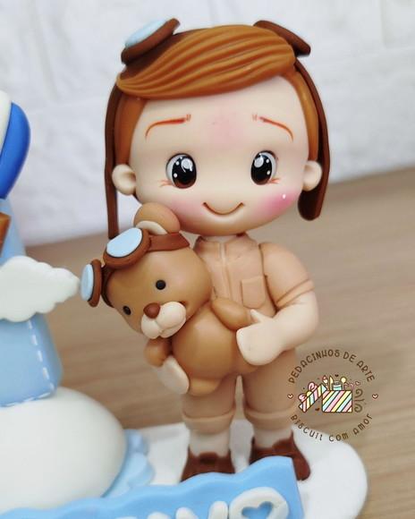 Topo de Bolo Personalizado Vela Biscuit Ursinho Baloeiro